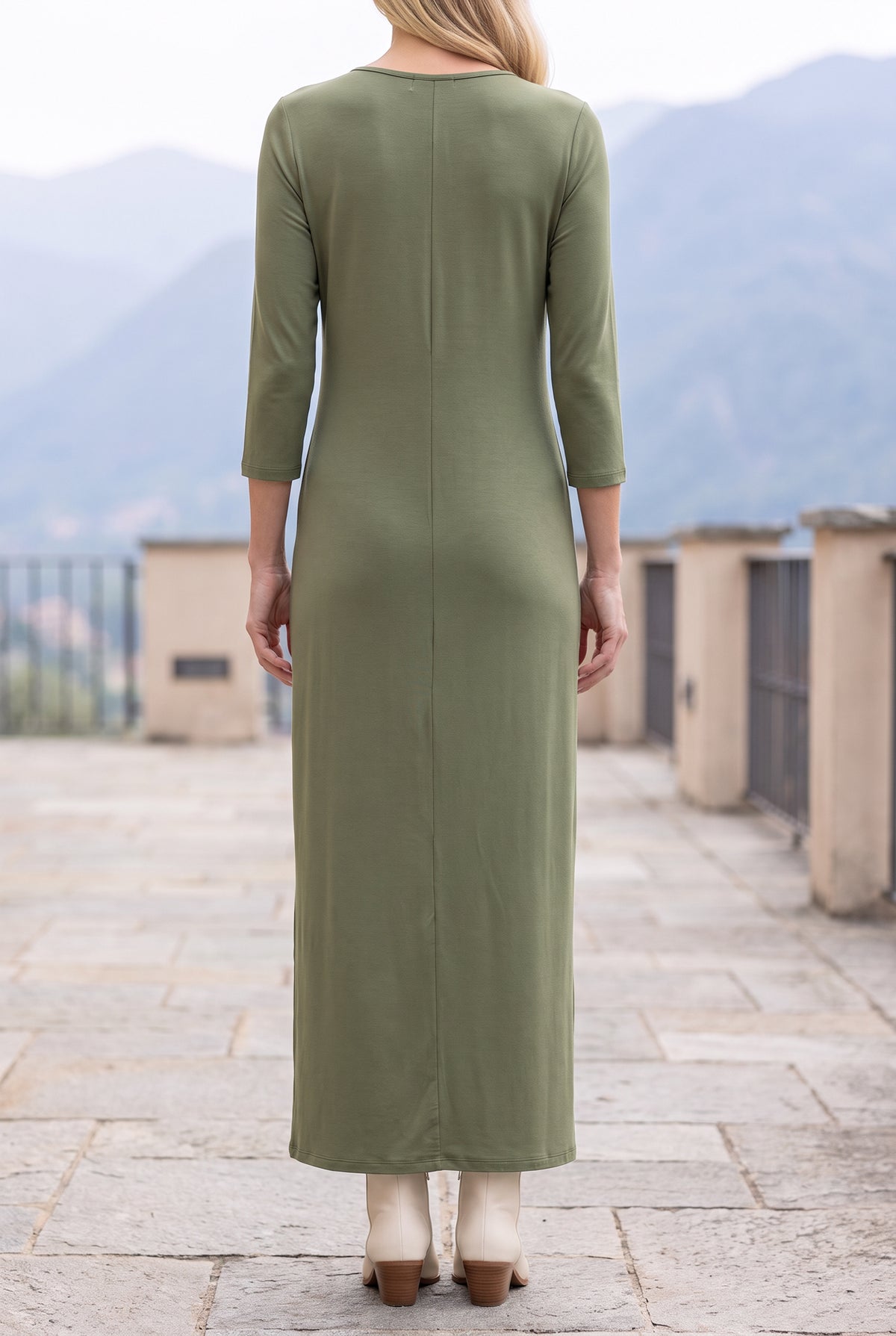 Model wearing Nuggles® Maxi Layering  Dress in Army Green