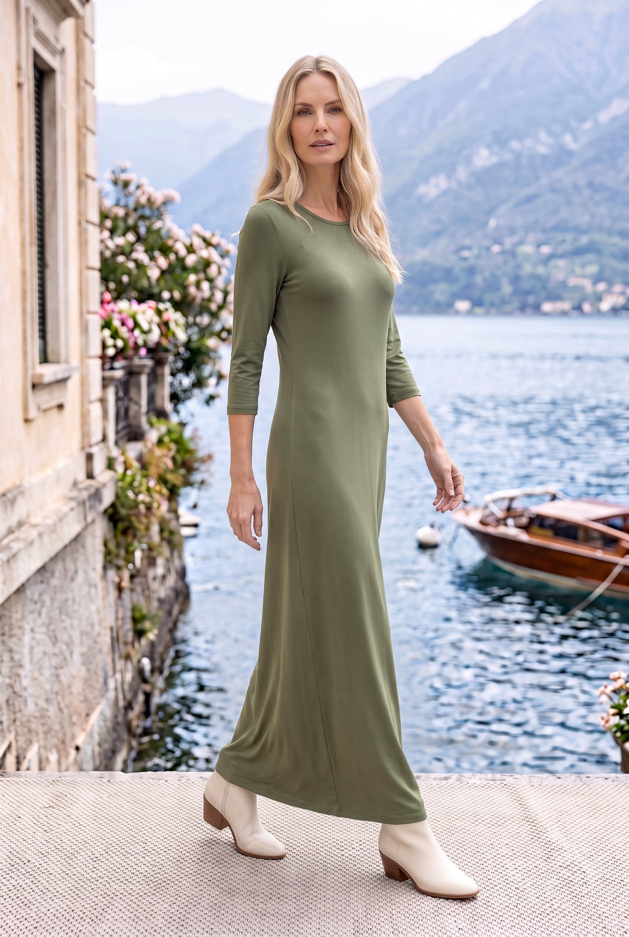 Model wearing Nuggles® Maxi Layering  Dress in Army Green