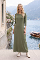 Model wearing Nuggles® Maxi Layering  Dress in Army Green