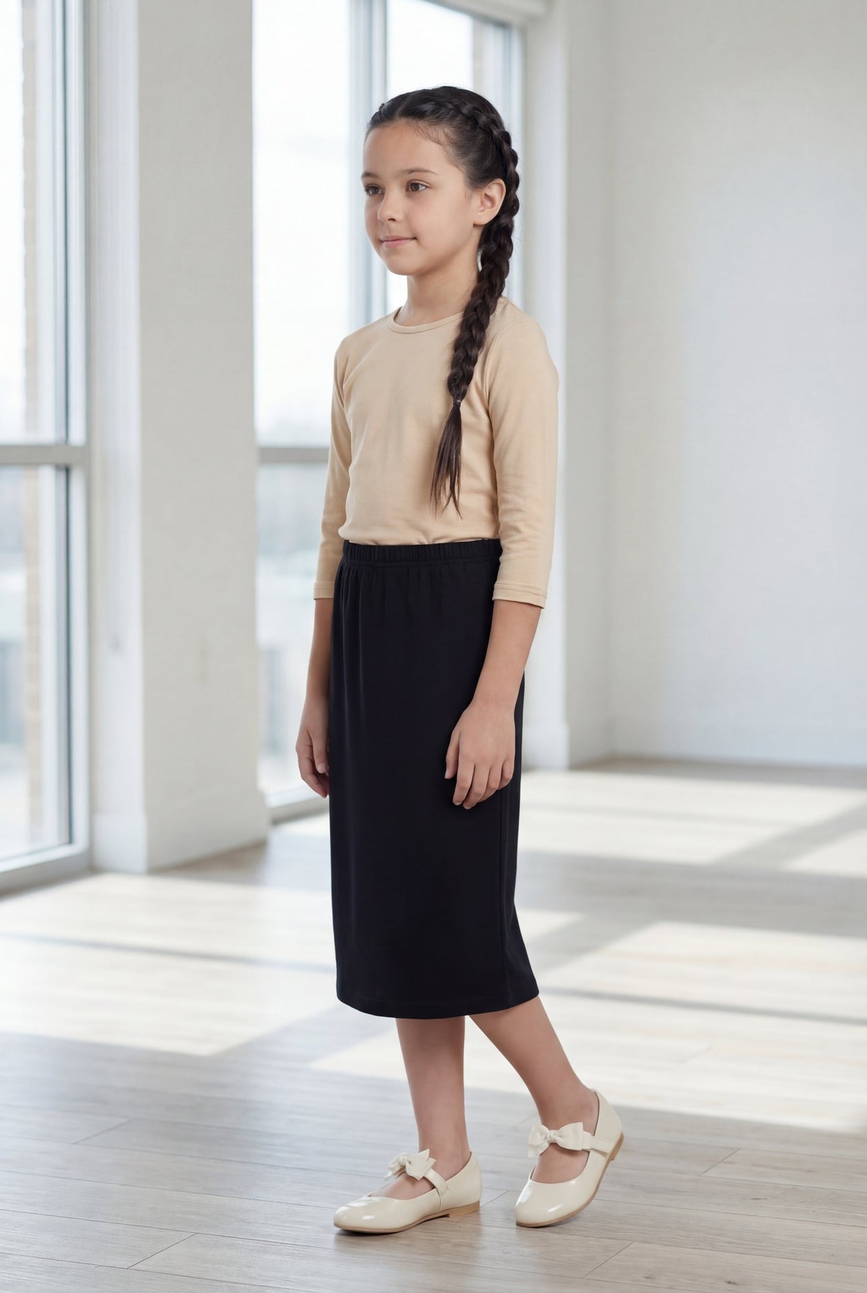 Model wearing the Nuggles® Girls' Classic Midi Skirt in Black