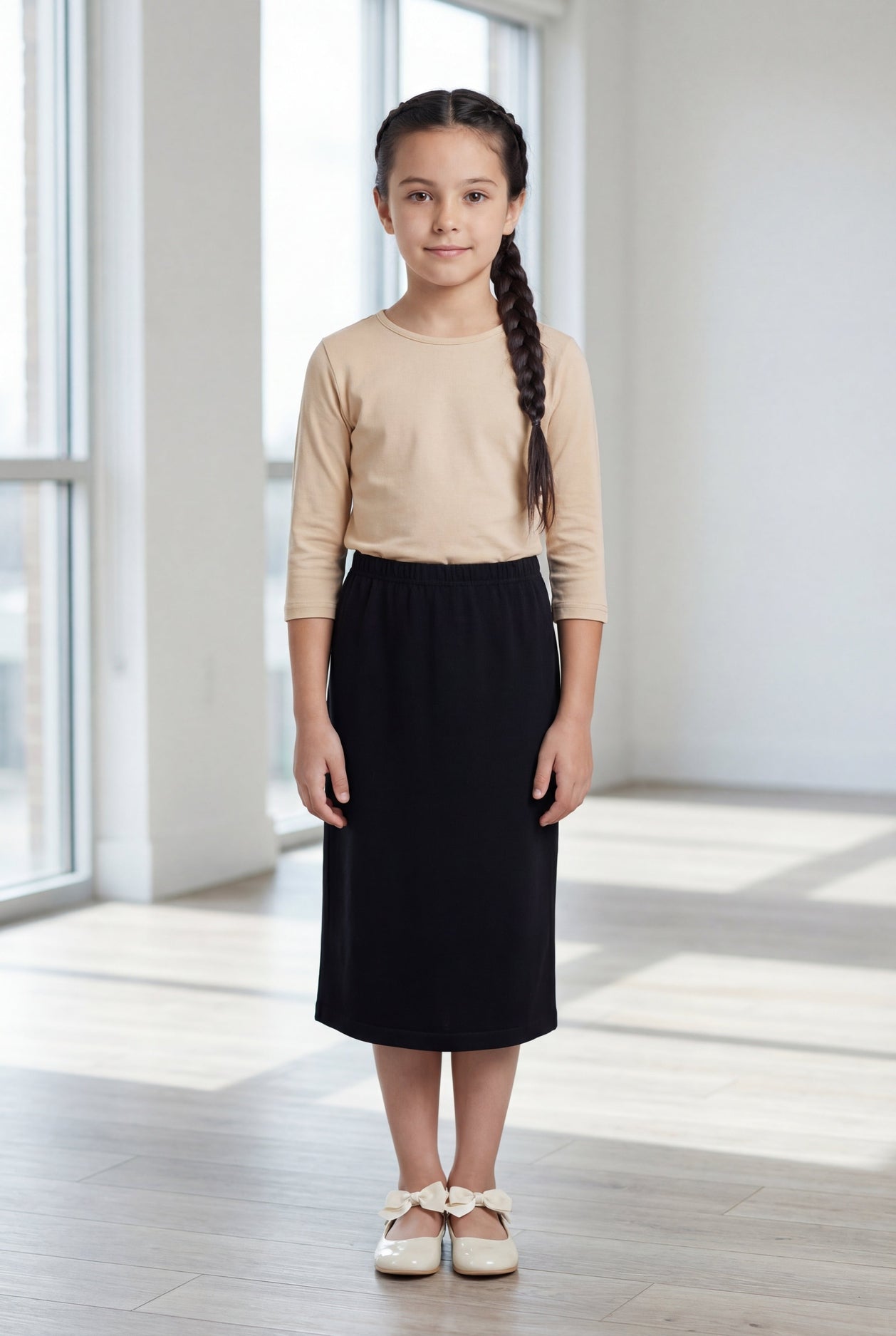 Model wearing the Nuggles® Girls' Classic Midi Skirt in Black