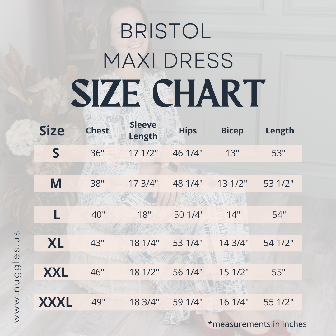 Size chart for Nuggles® Maxi Bristol Dress showing measurements for bust, waist, hips, and length.