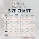 Size chart for Nuggles® Maxi Bristol Dress showing measurements for bust, waist, hips, and length.