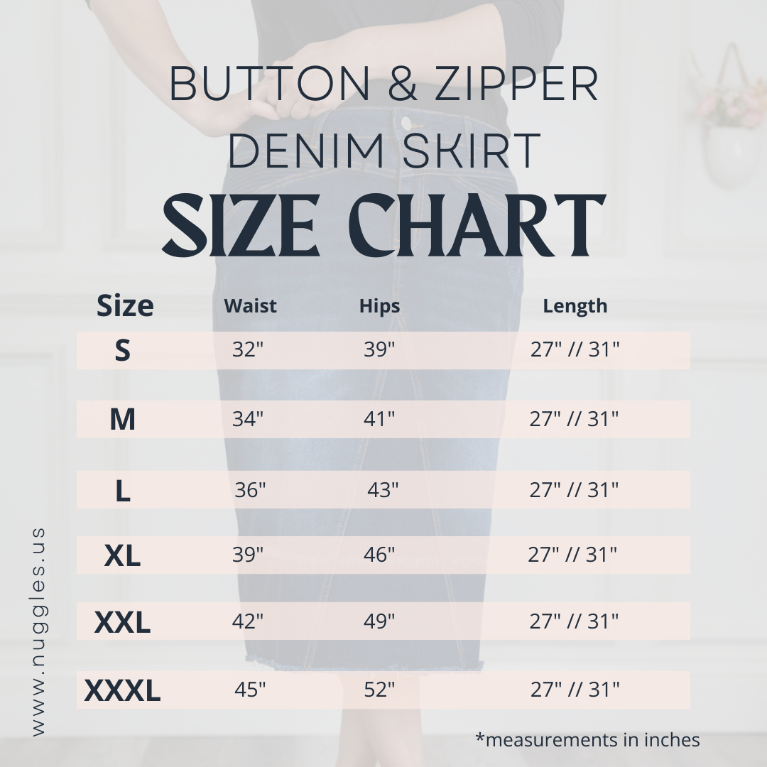Size chart for Nuggles Denim Skirt showing waist, hip, and length measurements for sizes S to XXXL in inches.