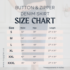 Size chart for Nuggles Denim Skirt showing waist, hip, and length measurements for sizes S to XXXL in inches.