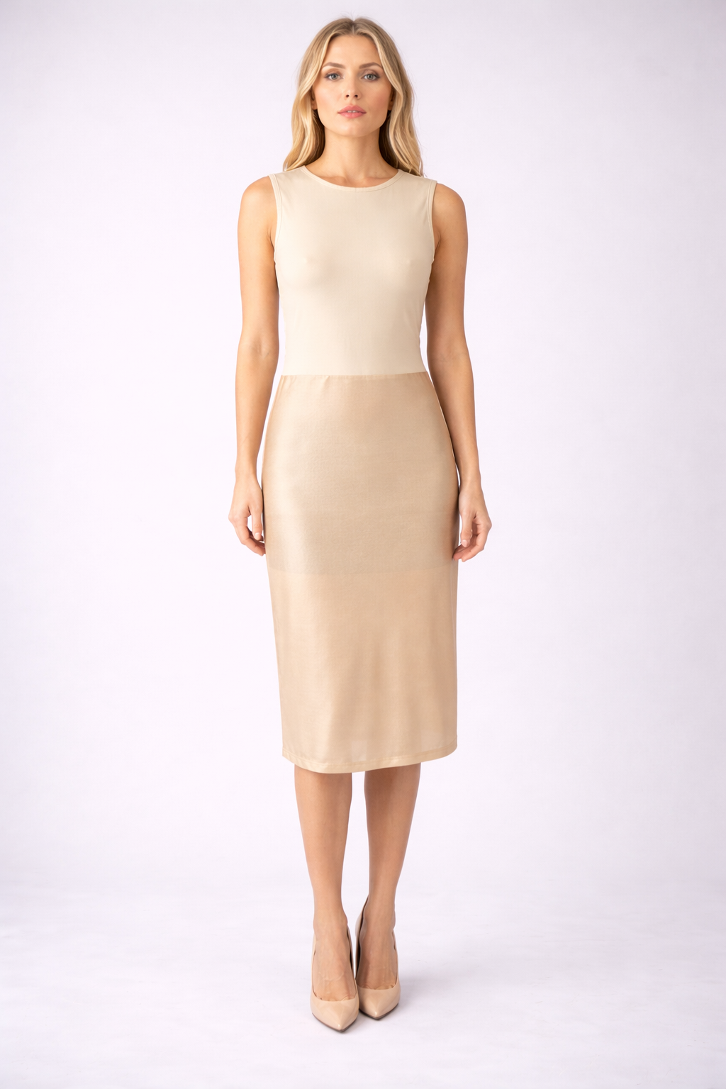 Women wearing a Tank Layering Slip in Beige.