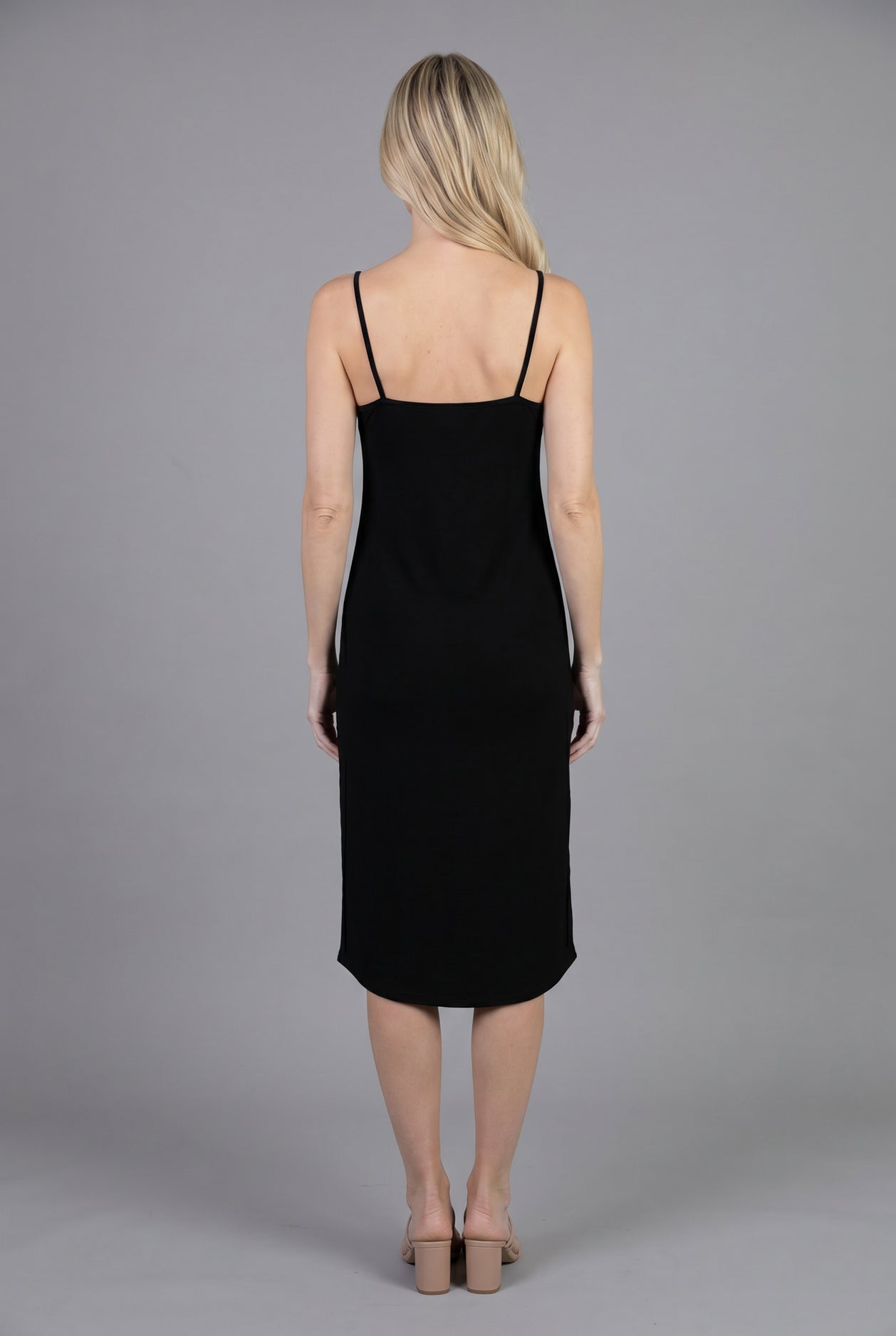 Black Layering Camisole Dress by Nuggles, modest sleeveless cotton slip midi worn under dresses and tops