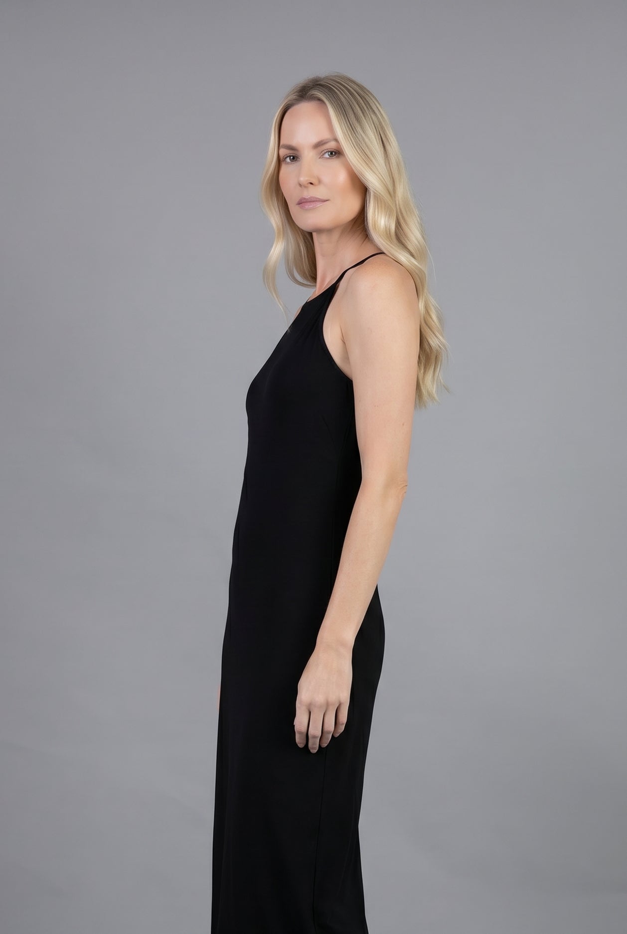 Black Camisole Layering Dress by Nuggles, maternity-friendly sleeveless midi slip for modest coverage