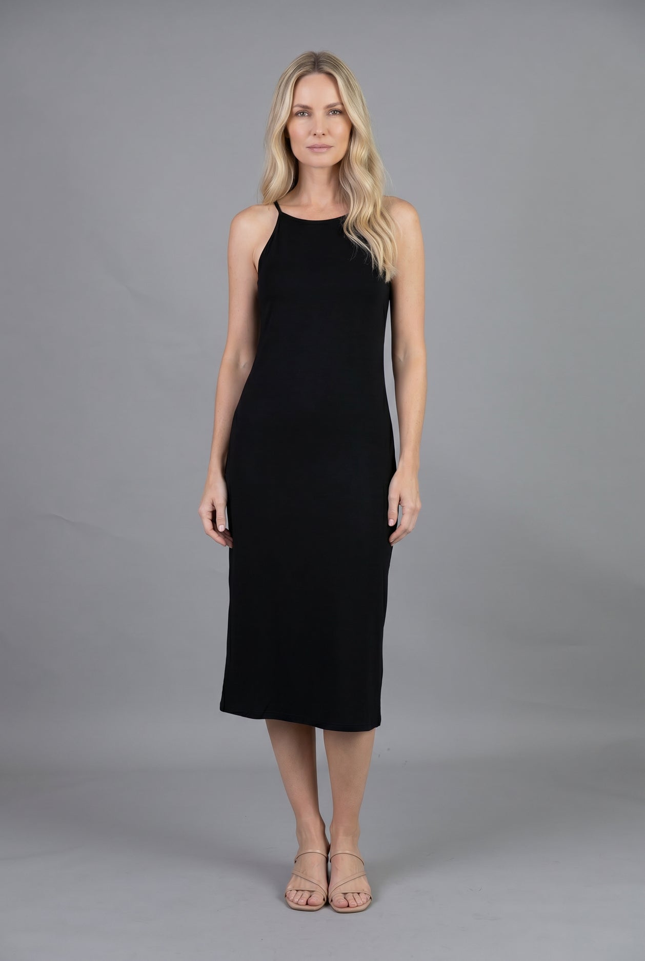 Nuggles Layering Camisole Dress in Black, sleeveless midi slip dress for modest layering coverage
