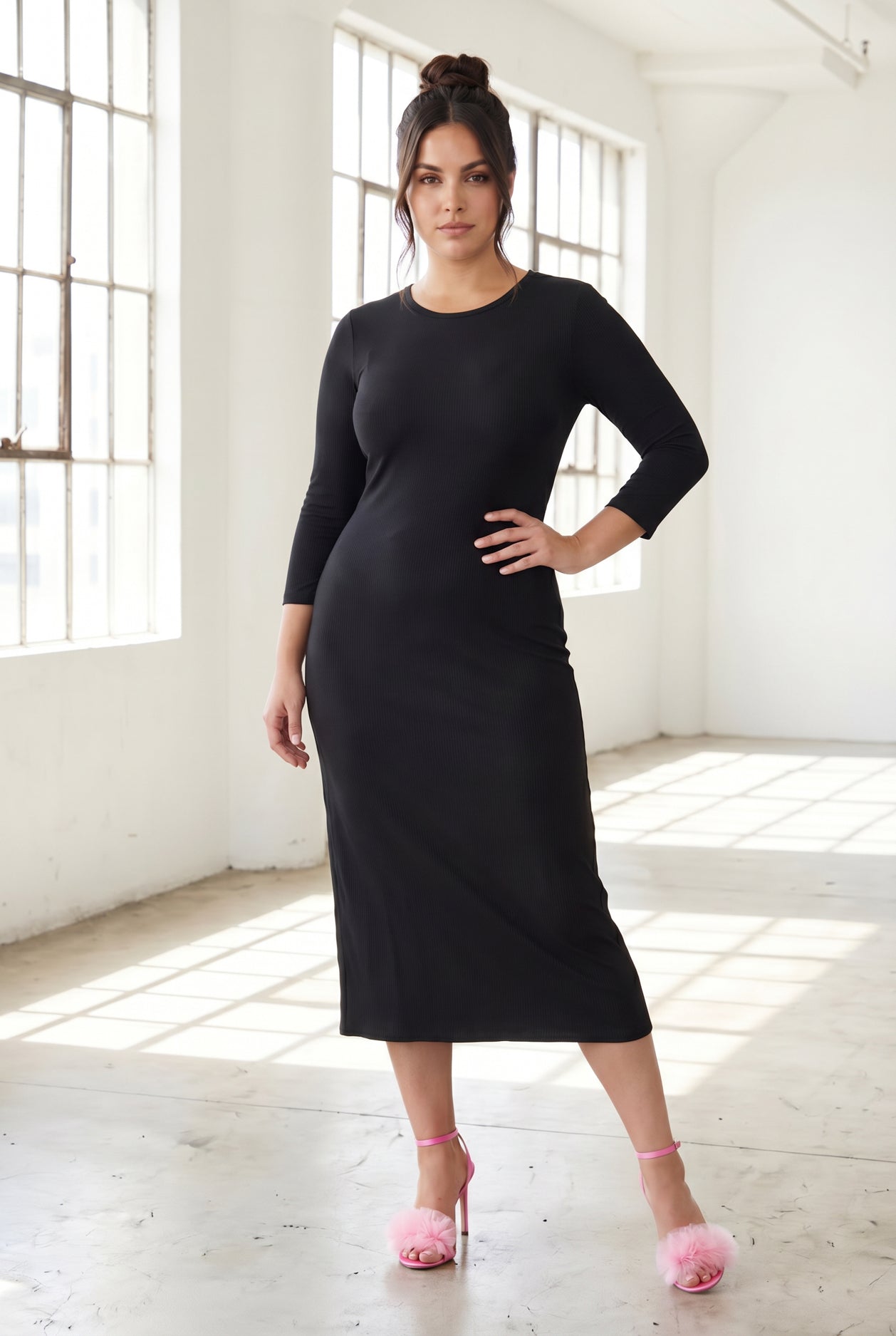 Nuggles Ribbed Midi Layering Dress in Black