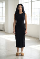 Model wearing Nuggles® Tank Midi Dress in Black