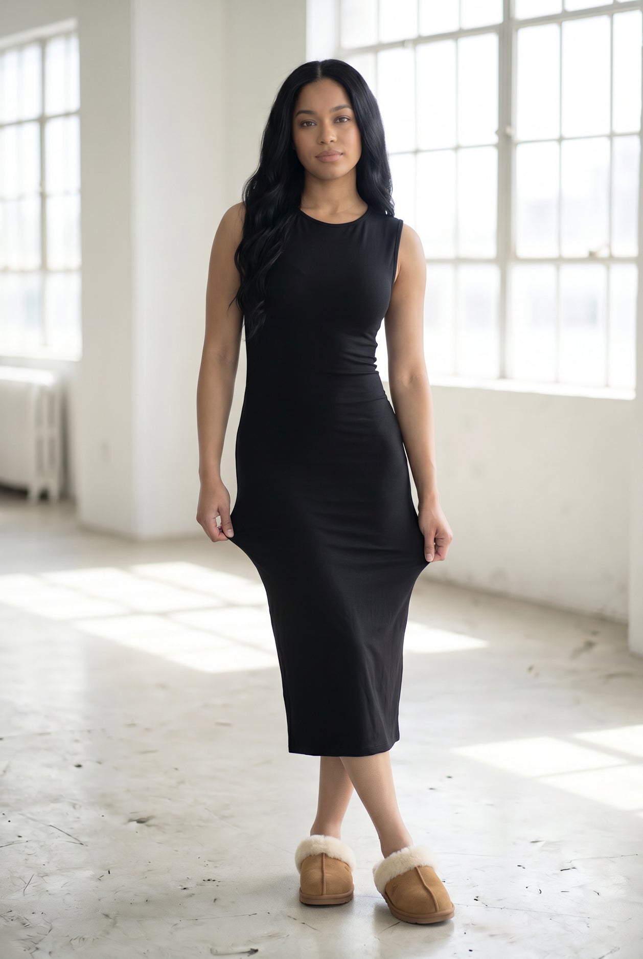 Model wearing Nuggles® Tank Midi Dress in Black