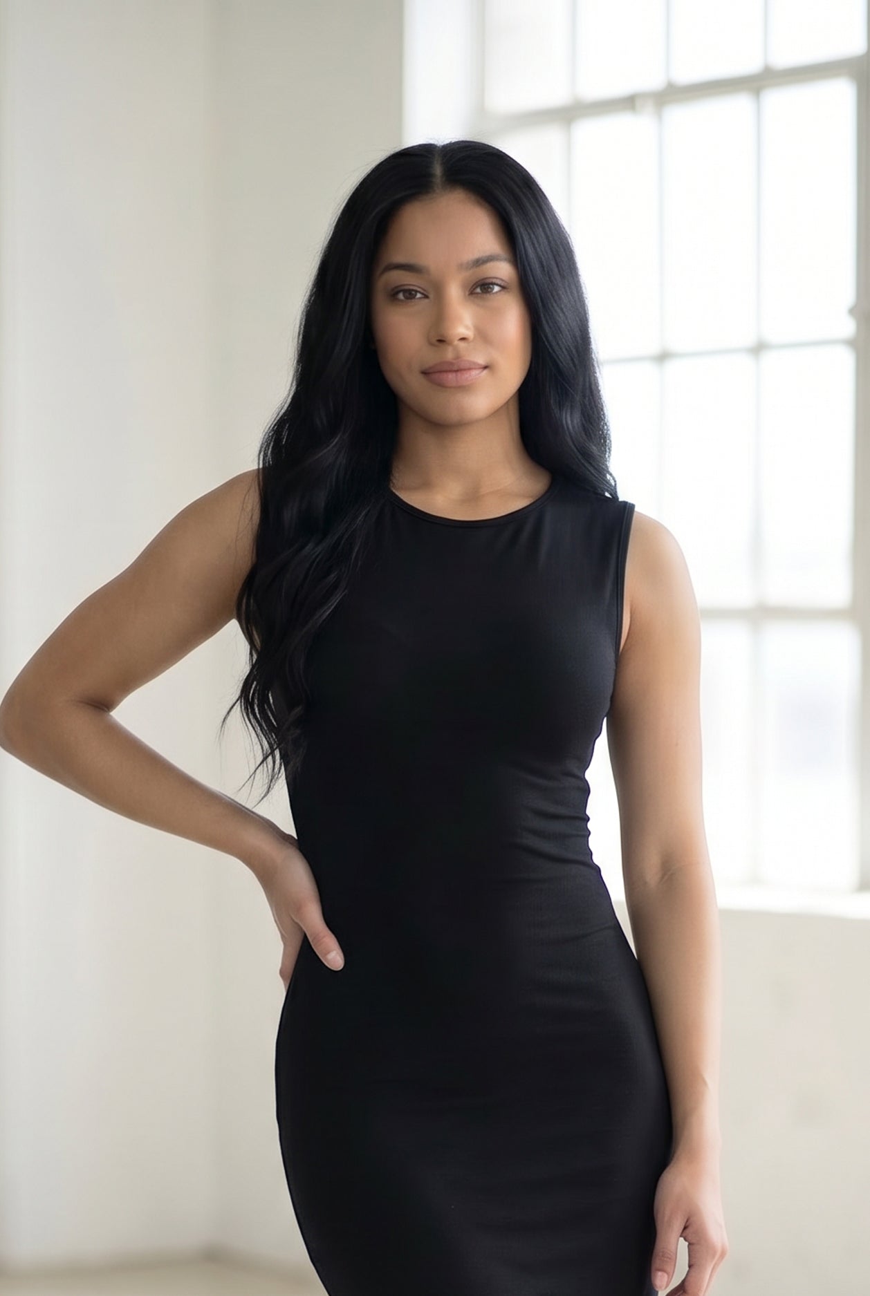Model wearing Nuggles® Tank Midi Dress in Black