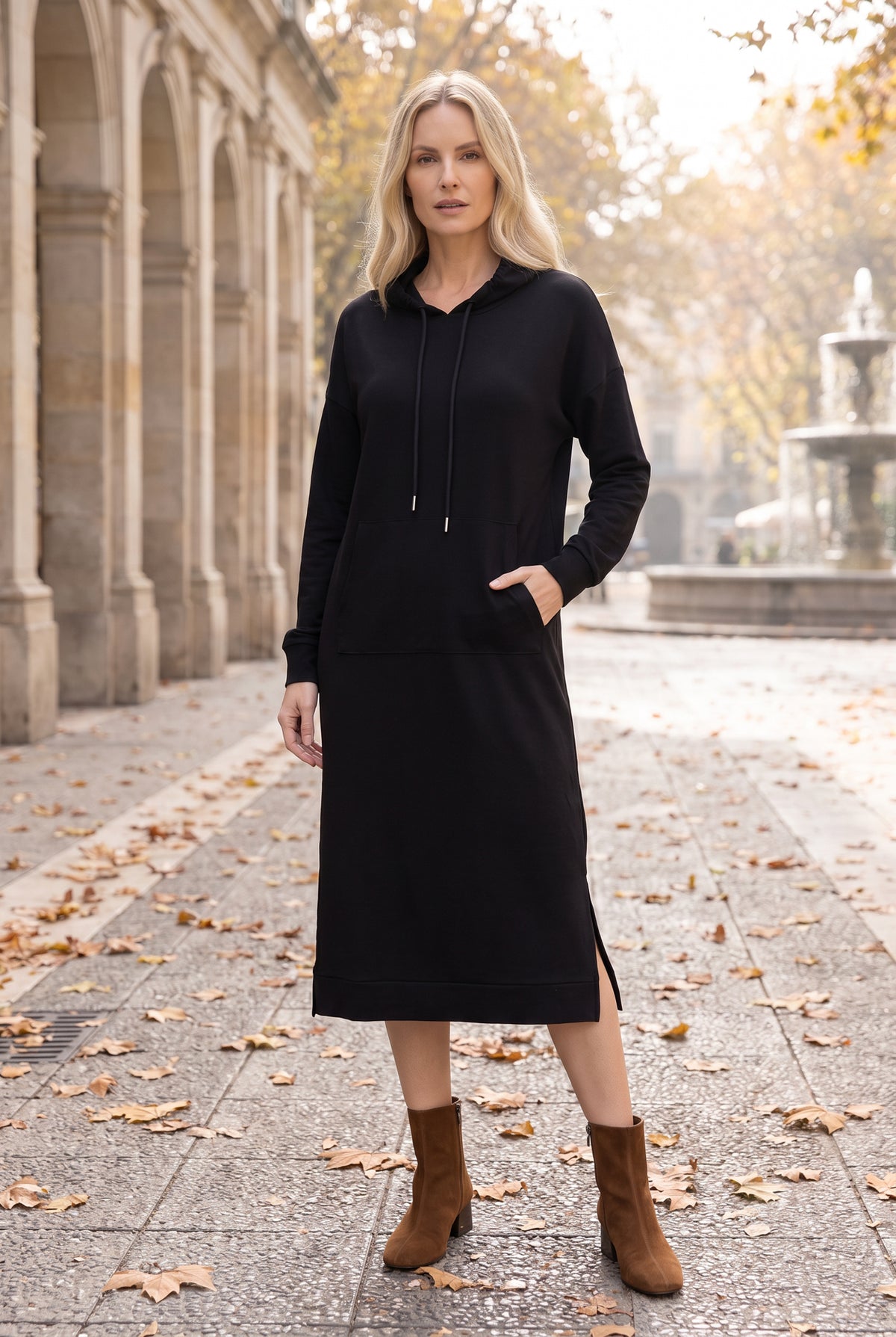 Model wearing Nuggles®   Hoodie Dress in Black