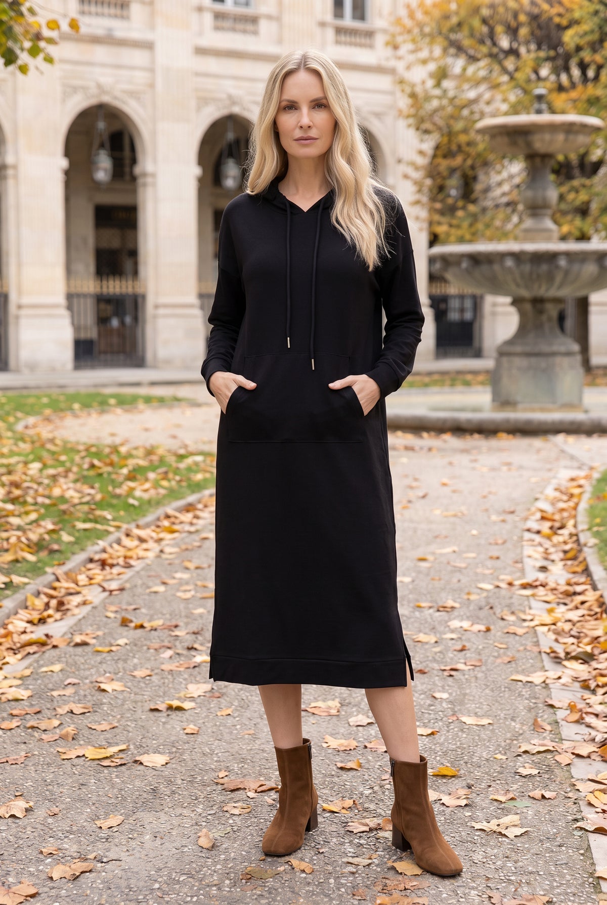 Model wearing Nuggles®   Hoodie Dress in Black