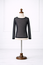 Black long-sleeve shirt on a mannequin against a white background