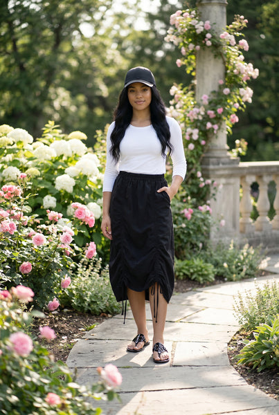 Oriana Skirt Black | Adjustable Modest Midi Skirt for Everyday