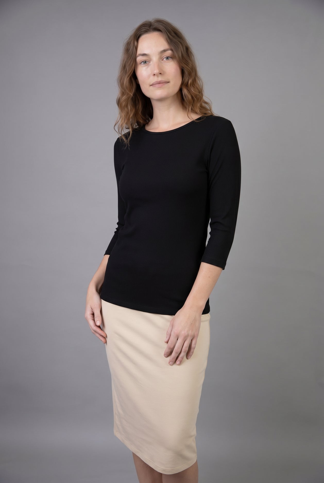 Model wearing Nuggles® 3/4 Essential Ribbed Tee in Black