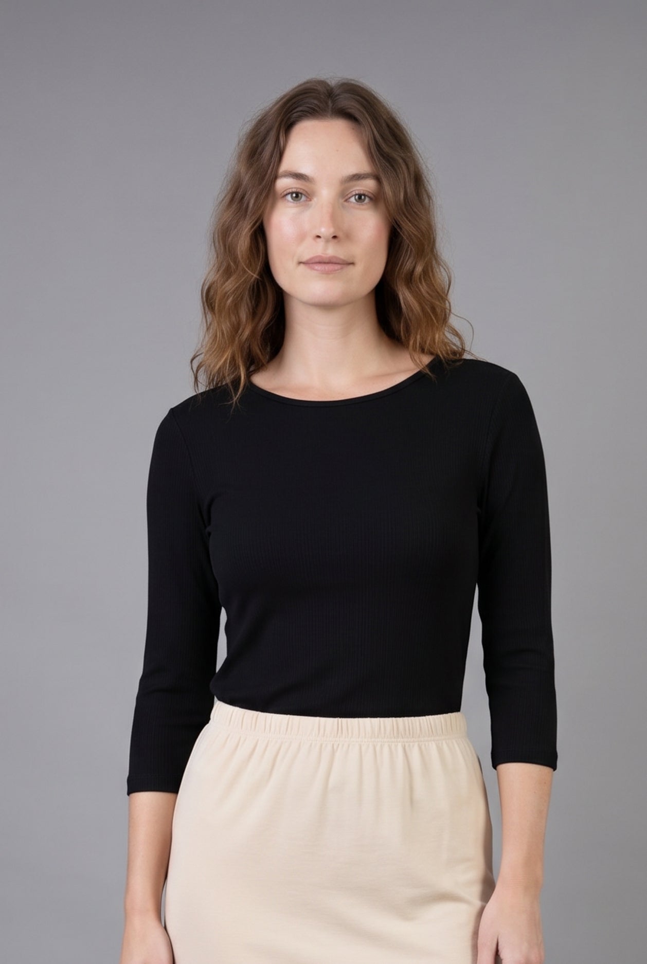 Model wearing Nuggles® 3/4 Essential Ribbed Tee in Black