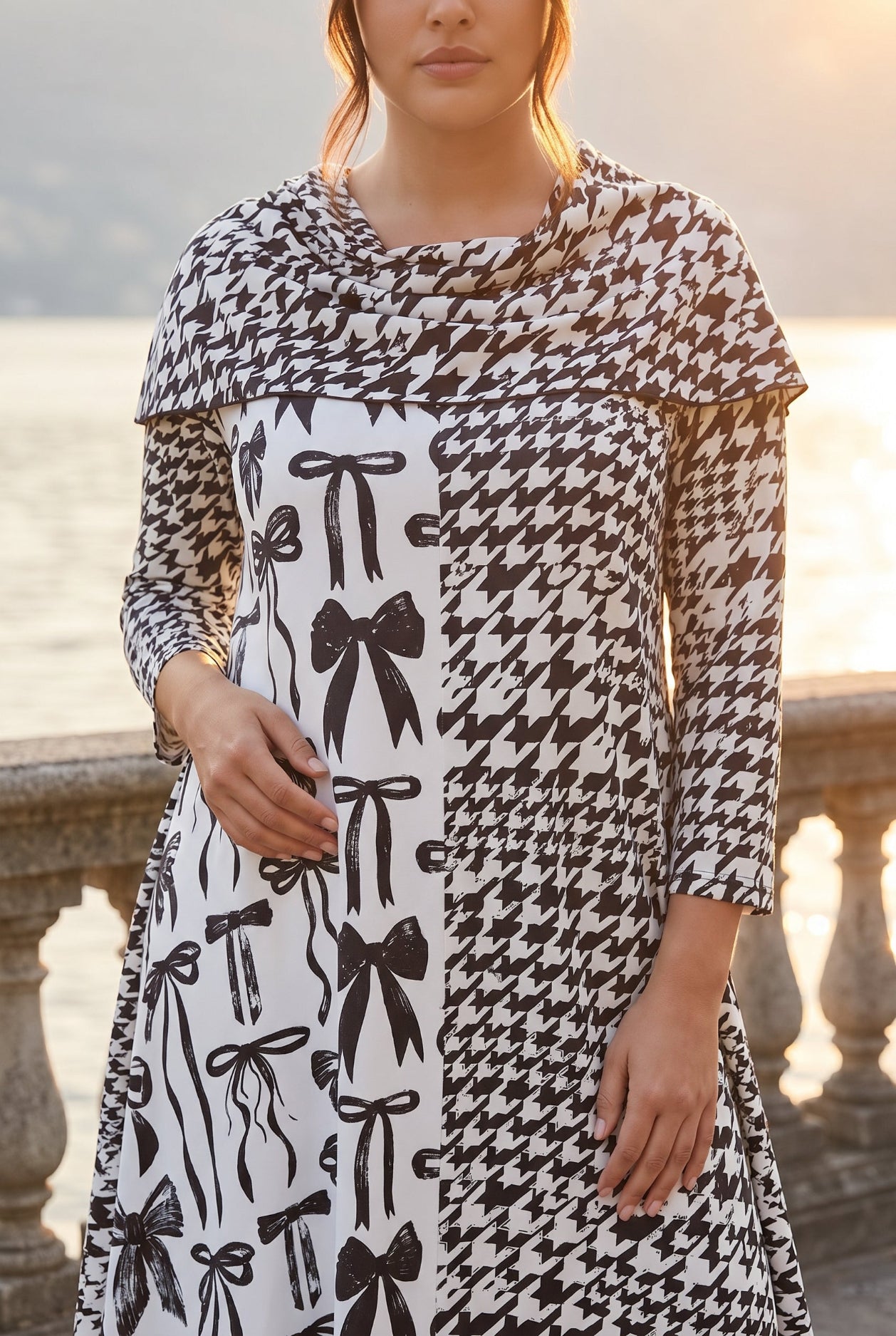 The Nuggles® Bailey Dress in Black Ribbon midi length, two tone with cowl neckline