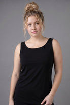 Model wearing Nuggles® Wide Neck Tank in Black