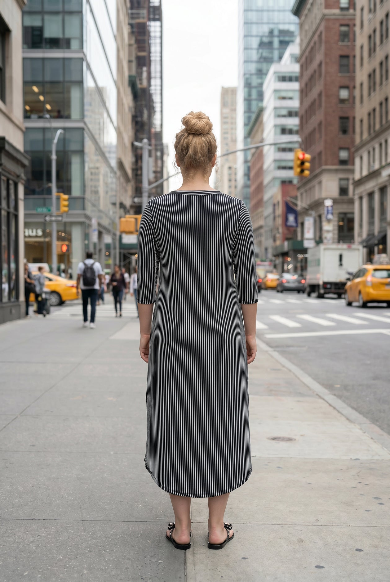 Woman in a black and white striped dress standing on a city street.