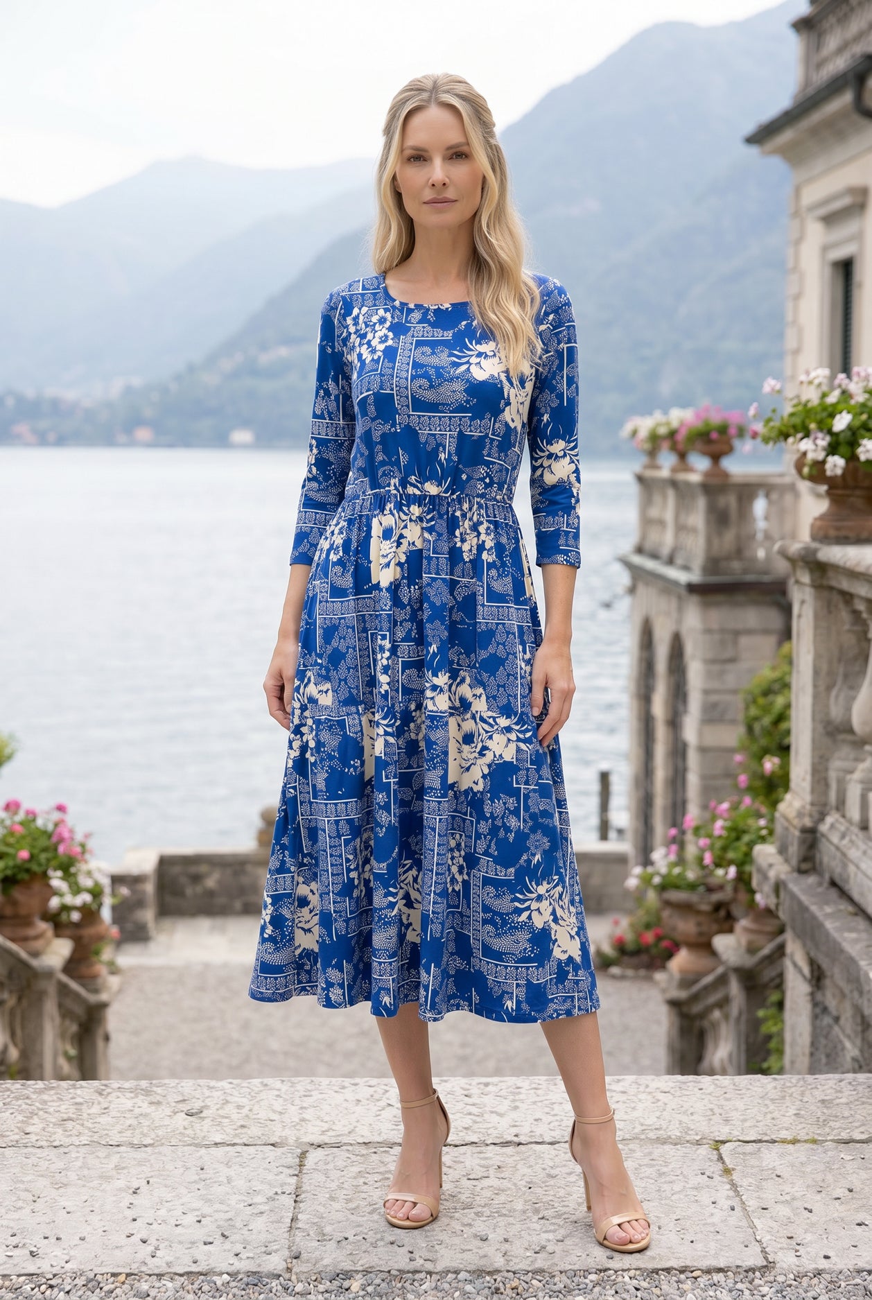 Modest Nova Midi Dress in Blue Rose by Nuggles, romantic blue floral cotton dress, maternity-friendly