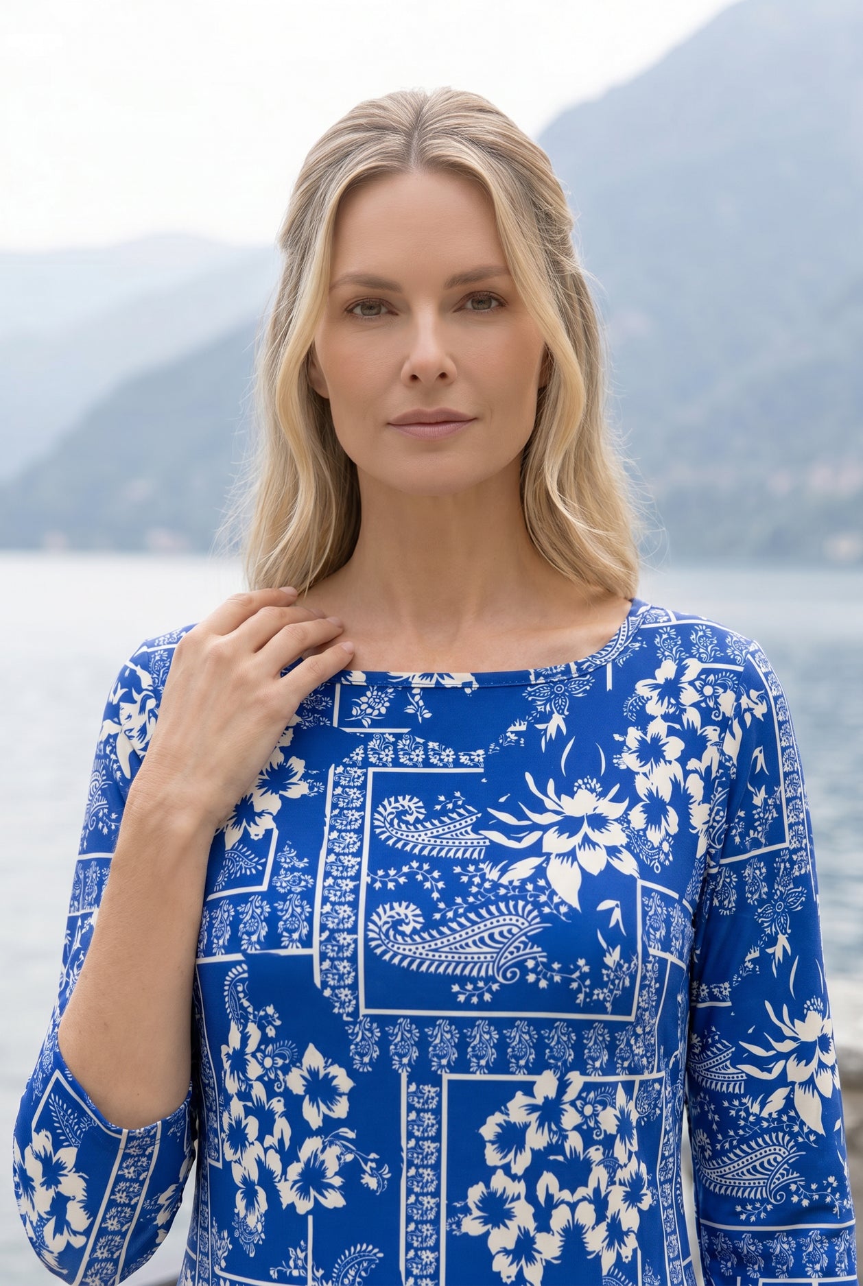 Blue Rose Nova Dress by Nuggles, modest 3/4-sleeve cotton midi in soft blue rose floral print
