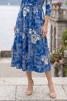 Nuggles Nova Dress in Blue Rose, soft cotton modest midi in blue rose floral for church and everyday