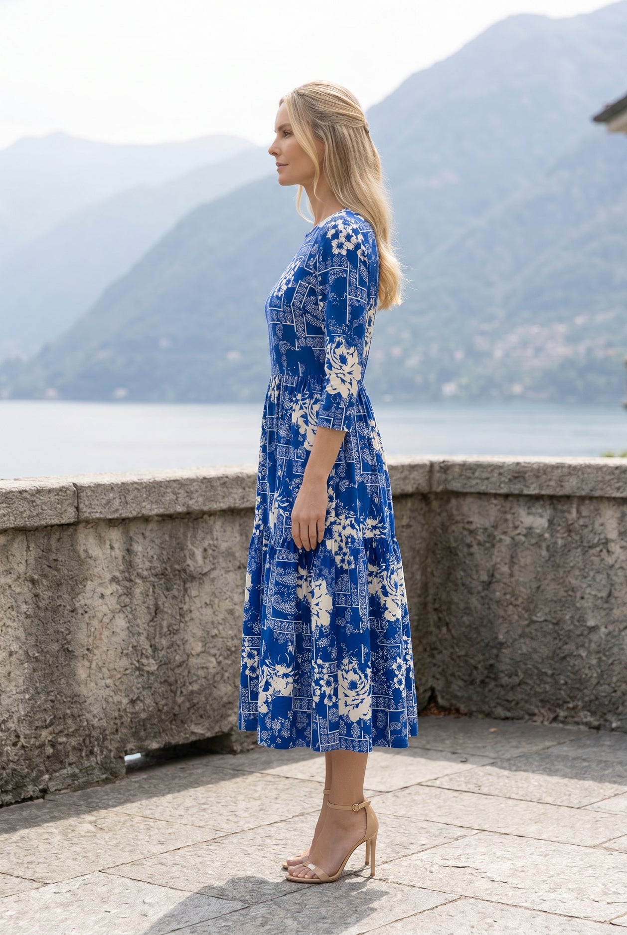 Nuggles Nova Midi Dress in Blue Rose, romantic blue rose-floral modest cotton dress for everyday