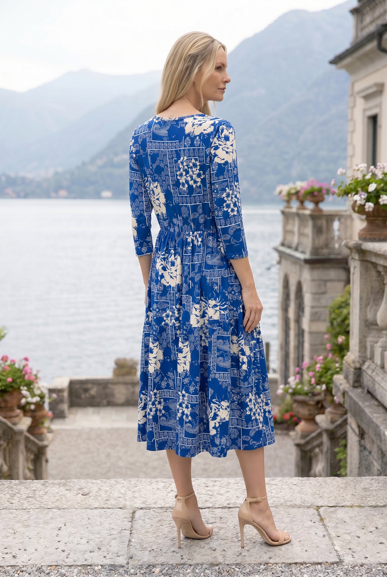 Blue Rose Nova Dress by Nuggles, modest 3/4-sleeve cotton midi in soft blue rose-floral print