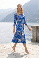 Nuggles Nova Dress in Blue Rose, everyday modest midi dress in cool blue rose floral, plus-size