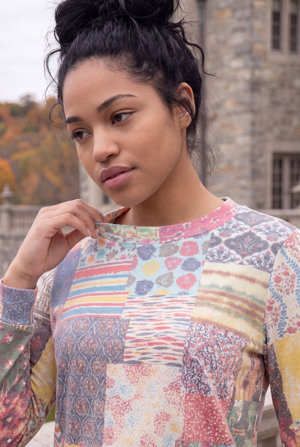 Model wearing Nuggles®  Iris Sweater Shirt in Boho Mosaic