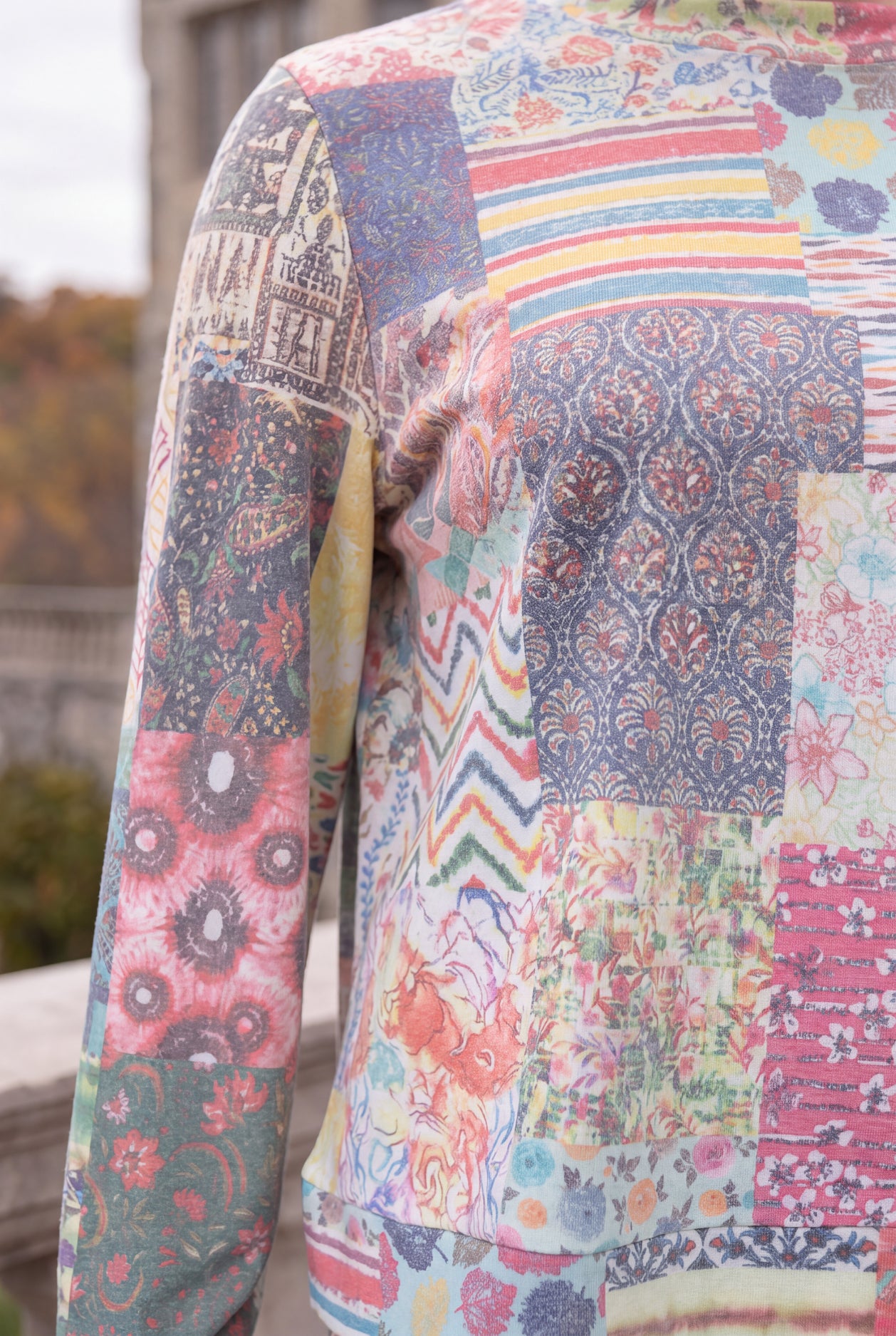 Model wearing Nuggles®  Iris Sweater Shirt in Boho Mosaic