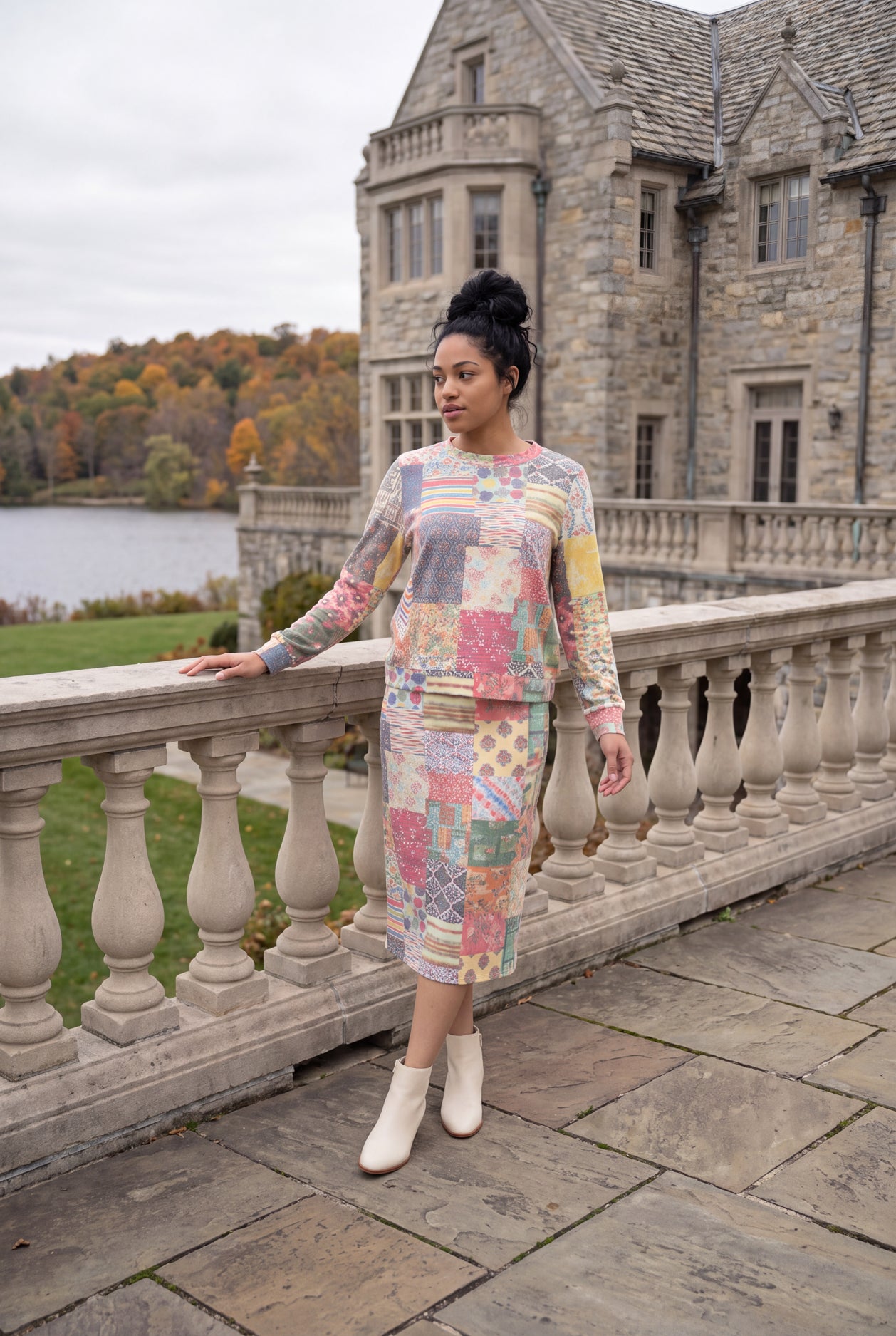 Model wearing Nuggles®  Iris Sweater Skirt in Boho Mosaic
