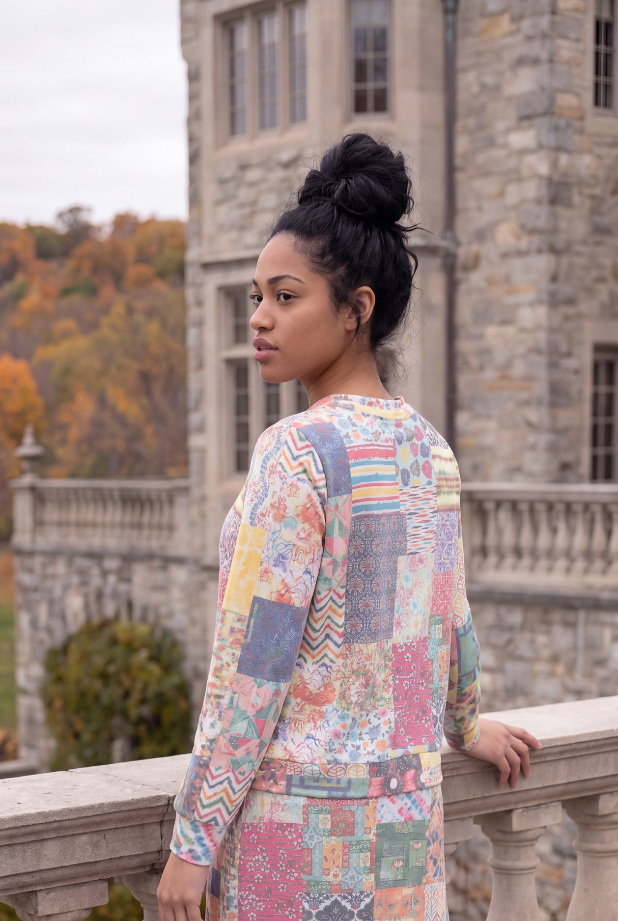 Model wearing Nuggles®  Iris Sweater Shirt in Boho Mosaic