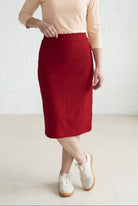 Model wearing Nuggles® 27" Relaxed Midi Skirt in Brick Red