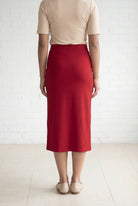 Model wearing Nuggles® 31" Relaxed Midi Skirt in Brick Red