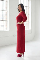 Model wearing Nuggles® Maxi Layering Dress in Brick Red