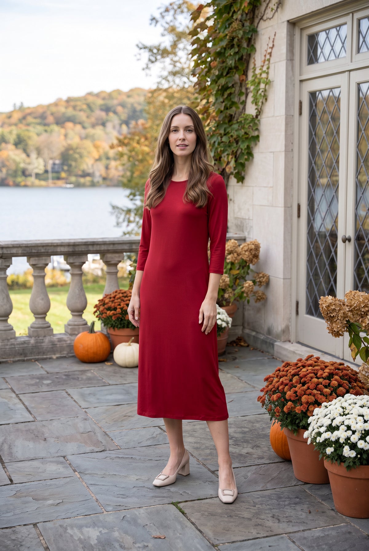 Model wearing Nuggles® Midi Layering  Dress in Brick Red
