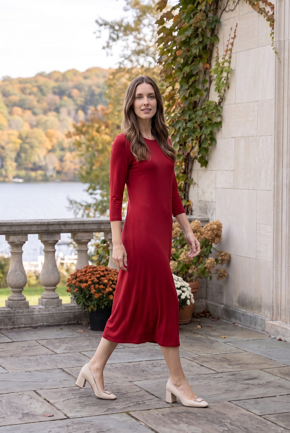 Model wearing Nuggles® Midi Layering  Dress in Brick Red