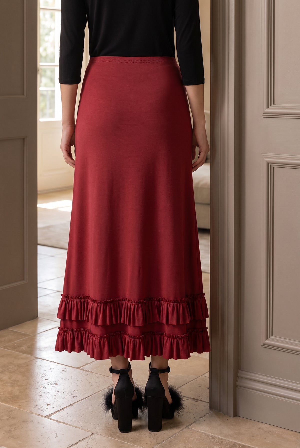 Model wearing Nuggles®  Callie Skirt in Brick Red