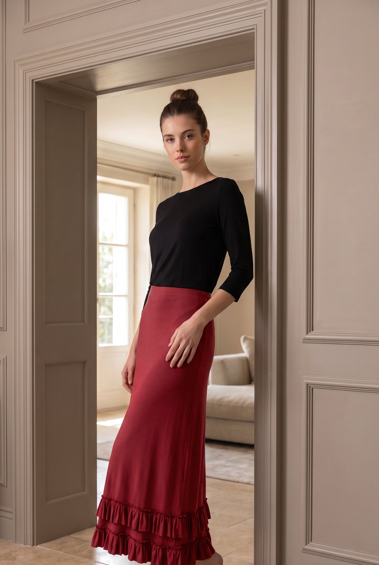 Model wearing Nuggles®  Callie Skirt in Brick Red