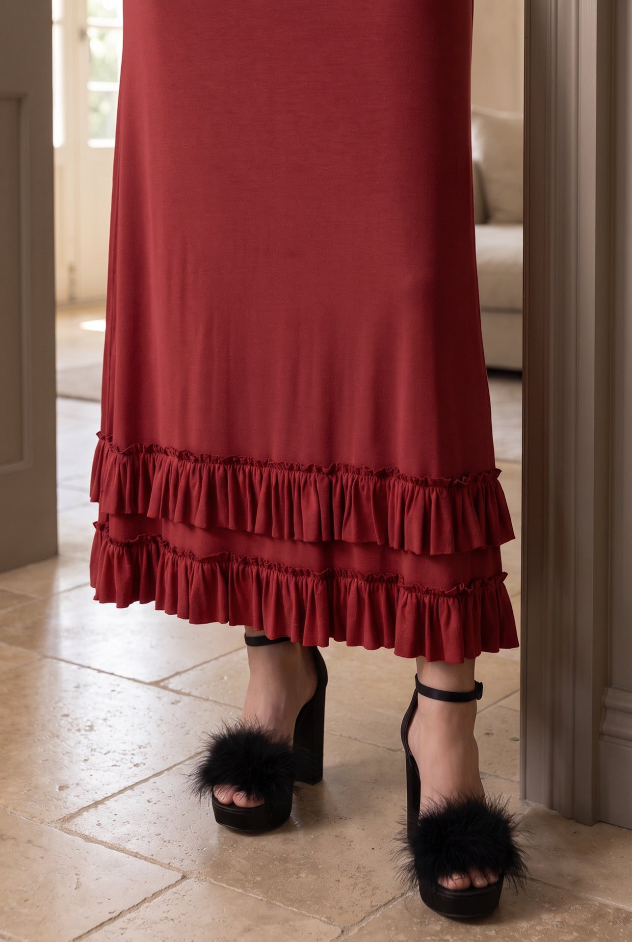 Model wearing Nuggles®  Callie Skirt in Brick Red