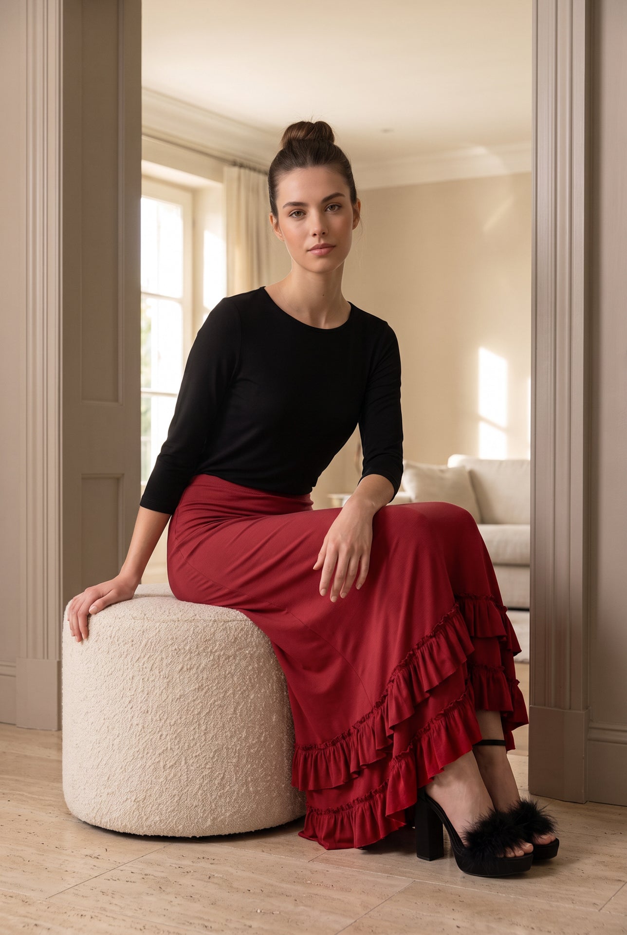 Model wearing Nuggles®  Callie Skirt in Brick Red