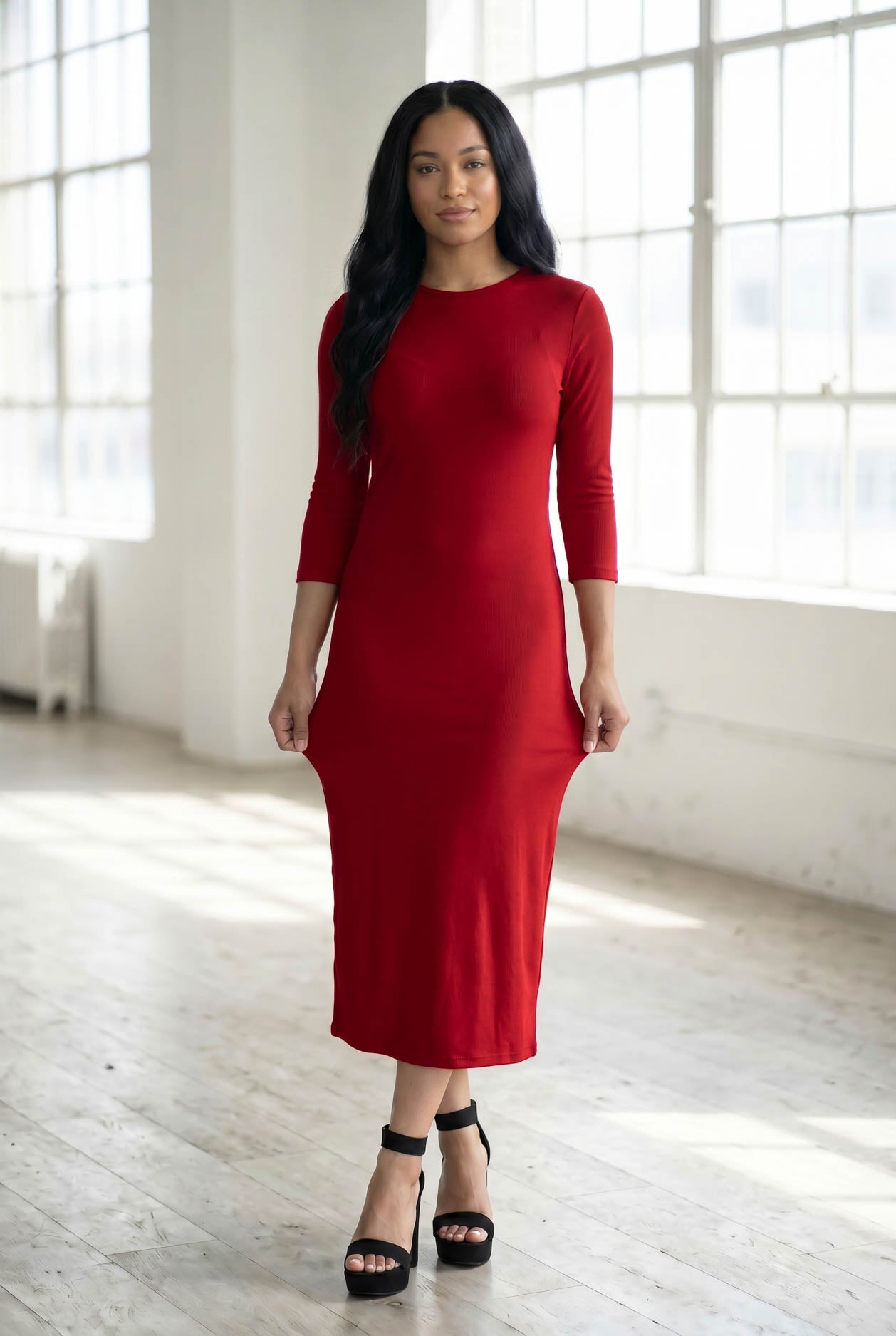 Model wearing Nuggles® Ribbed Layering Dress in Brick Red