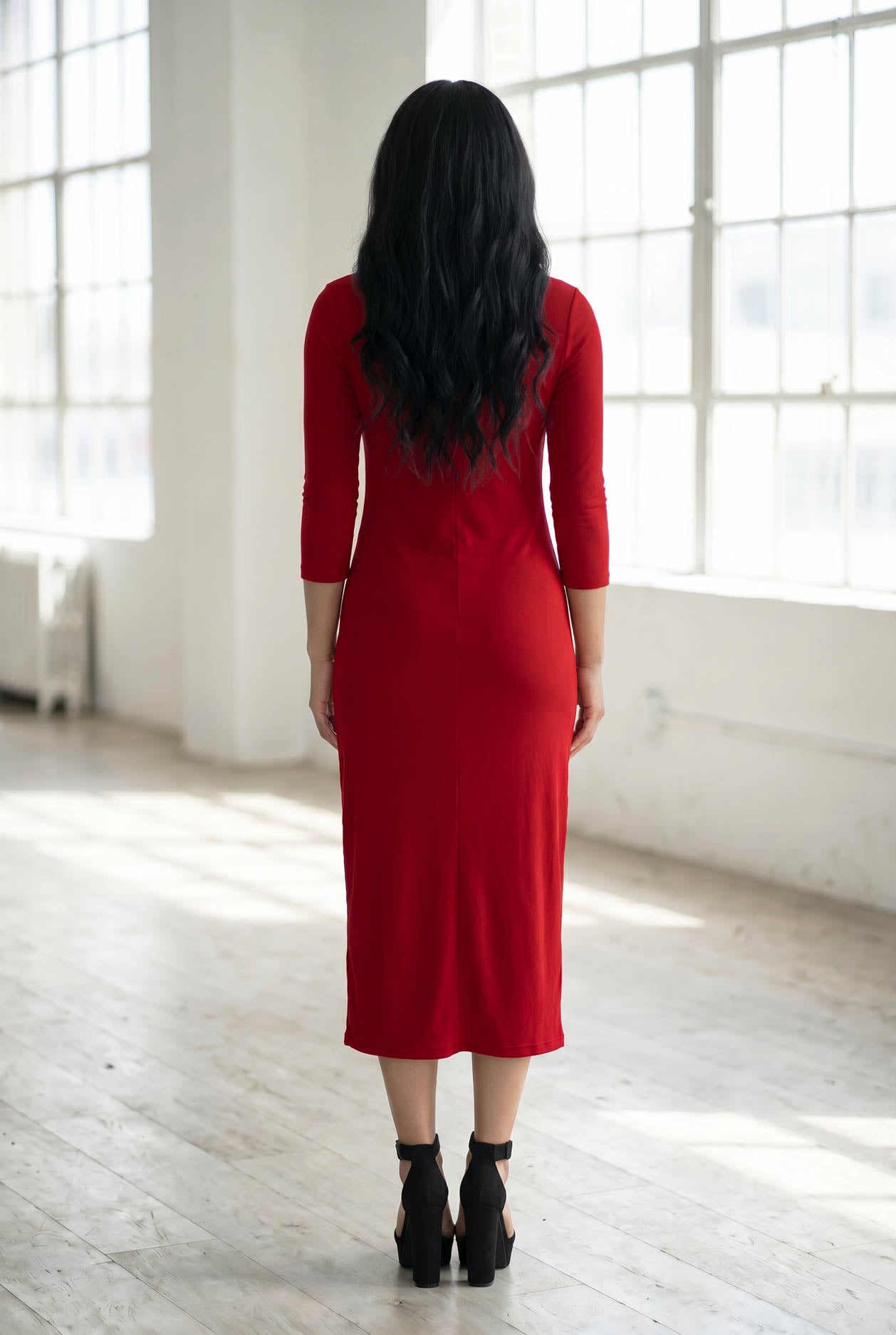 Model wearing Nuggles® Ribbed Layering Dress in Brick Red