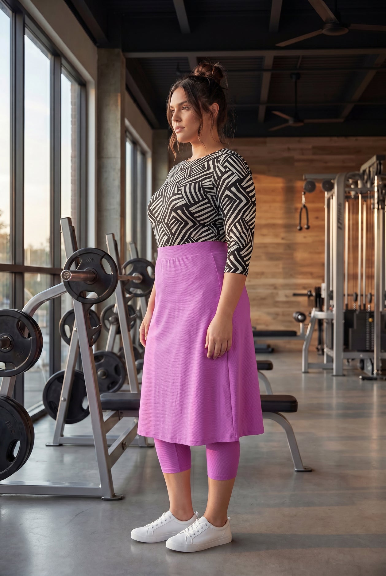 Model wearing Nuggles® 27" All-Sport Skirt in Bubble Gum
