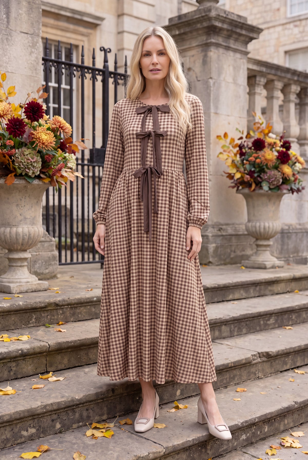 Model wearing Nuggles®  Addison Dress in Buffalo Check