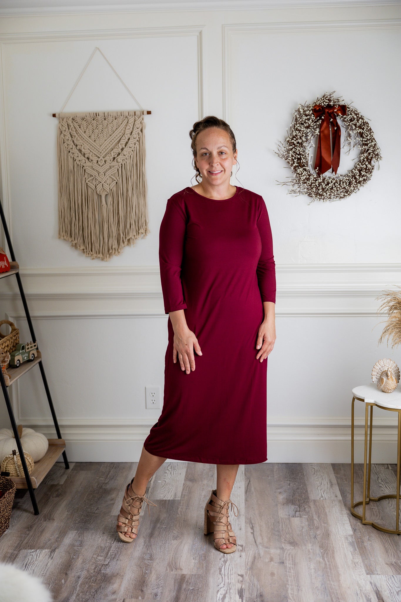 Model wearing  Nuggles® Original Style Midi Layering Dress in soft cotton knit